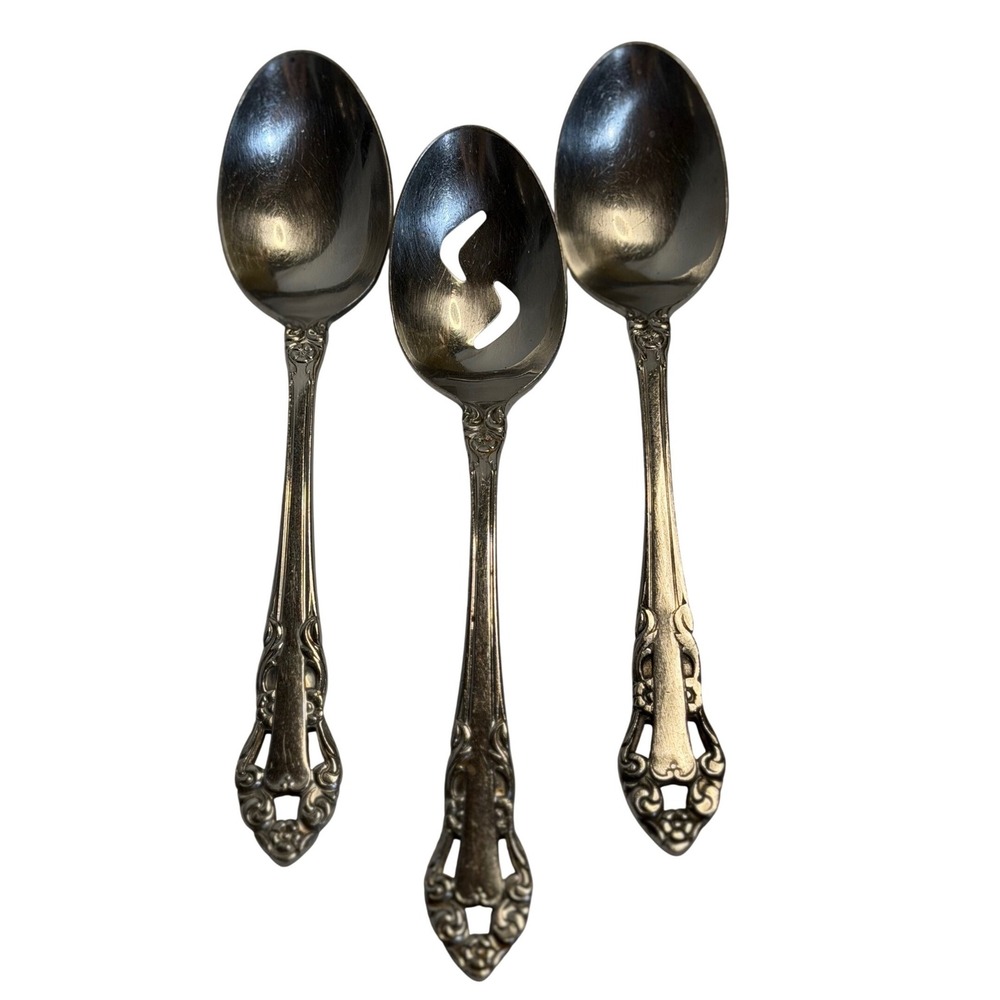 VTG Supreme Cutlery Silver‎ Serving Spoons Slotted Floral Scroll Stainless Japan